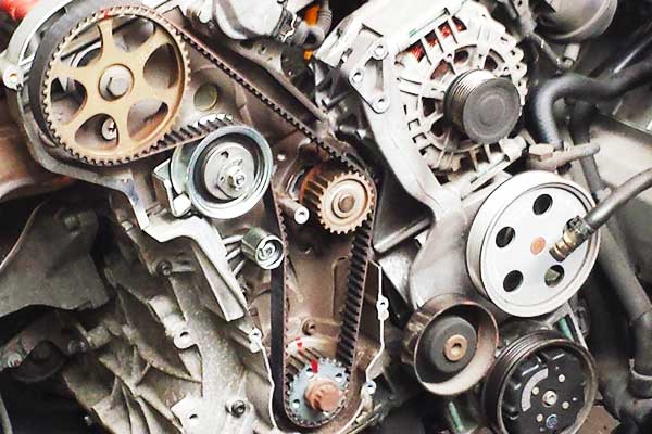 close up view of a car engines fully visible timing cambelt showing the intricate way the belt roues around the engines shafts and pulleys