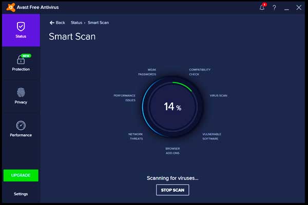 Close up screen dump of avast antivirus software scanning a computer for viruses showing fourteen percent progress