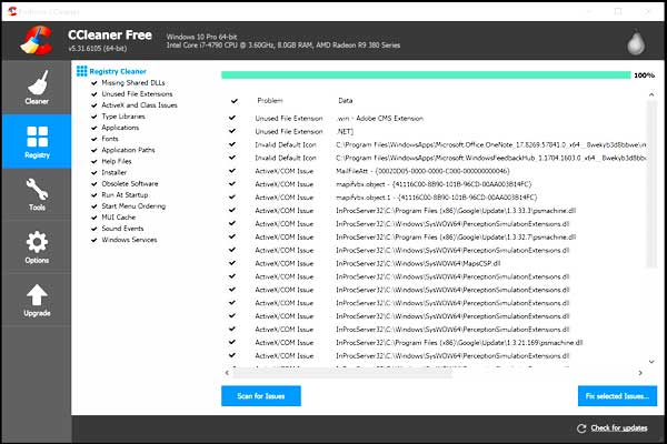 Close up screen dump of cc cleaner scanning a computer registry