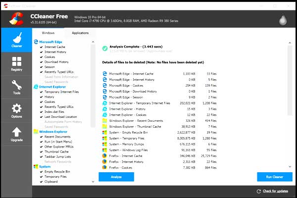 Close up screen dump of cc cleaner scanning a computer system