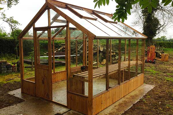 close up corner view of a greenhouse in medium oak just erected in a spacious garden