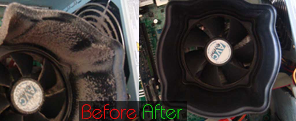close up of before and after processor blocked fans now perfectly clean allowing proper cooling once more