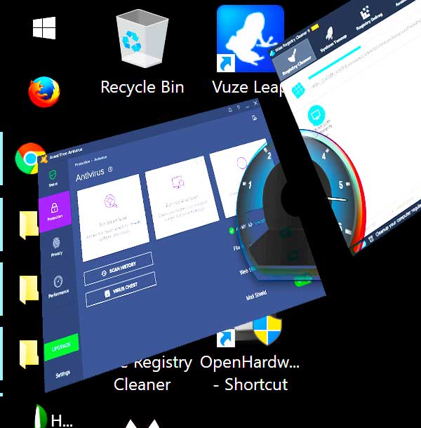 computer desktop showing familar bin and assorted icons along with anti virus software and registry cleaning software jumping out of the creen