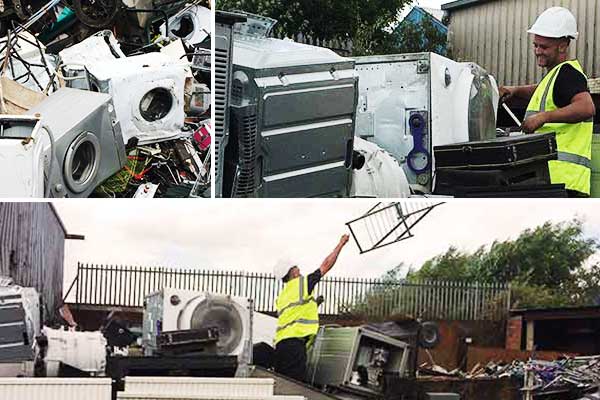 a mantage of 3 photos 1 large 2 small a pile of scrap appliances along with a scrap expert dressed in full hi vis and safety hat unloading scrap and finally a howarth team member unloading another scrap collection vehicle