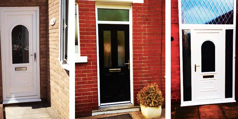 close up of three front replacement doors two in white one in black all fitted by jp windows