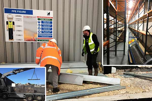 3 photo montage 2 howarth recycling specialists in front of a large factory corrigated steel wall then long rows of pallet racking inside a factory finally a large steel girder being loaded onto a truck suspned via a think metal chain