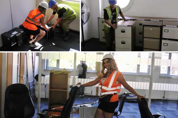 Office Clearance Company 3 photo montage starting with 2 office clearance experts bending and picking up computer base units next a scrap clearance company specialist moving a metal office filing cabinet from an office
