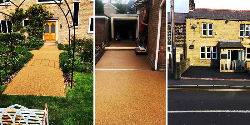 collage of 3 different resin surfaces including a beige crossed pathway as well as a complete tan coloured house surround driveway and a jet black commercial property entire frontage