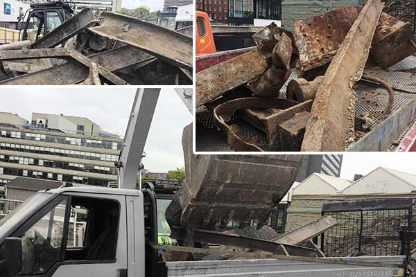 3 photo montage of a pile of building site new girder offcuts a pile of rusty old girders and a howarth scrap flat back vehicle being loaded via jcb