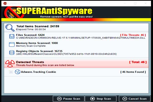 Close up screen dump of super anti spyware scanning a computer for malware and spam